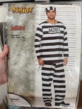 NEW S/M unisex Spirit Jailbird Costume Set in Black and White Stripes